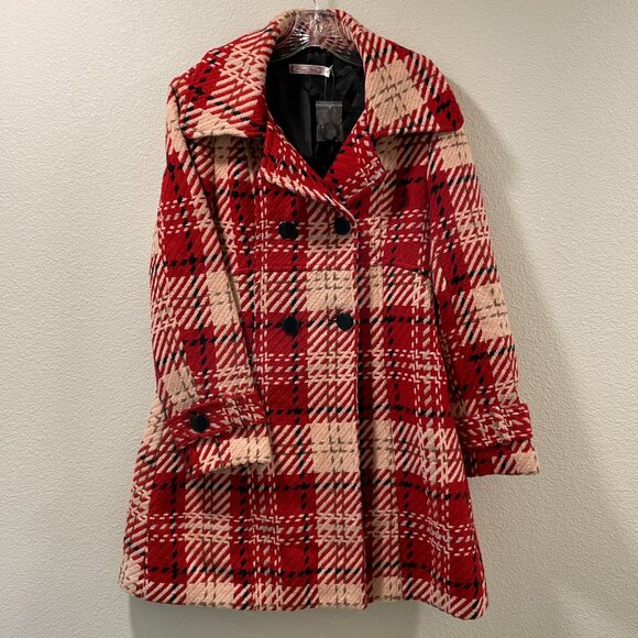 Pura Vida Jackets & Blazers - (NWT) PURA VIDA Houndstooth Plaid Long Sleeve Double Breast Coat, Red/Cream - 10